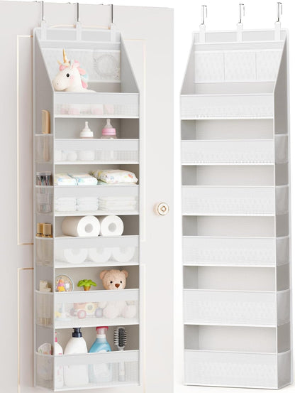 Over the Door Organizer, 6-Shelf Closet Hanging Storage with 13 Mesh Pockets, 55lbs Capacity Behind the Door Storage for Baby Nursery, Bathroom, Bedroom, and Dorm, Beige