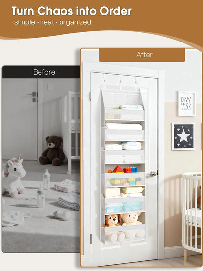 Over the Door Organizer, 6-Shelf Closet Hanging Storage with 13 Mesh Pockets, 55lbs Capacity Behind the Door Storage for Baby Nursery, Bathroom, Bedroom, and Dorm, Beige
