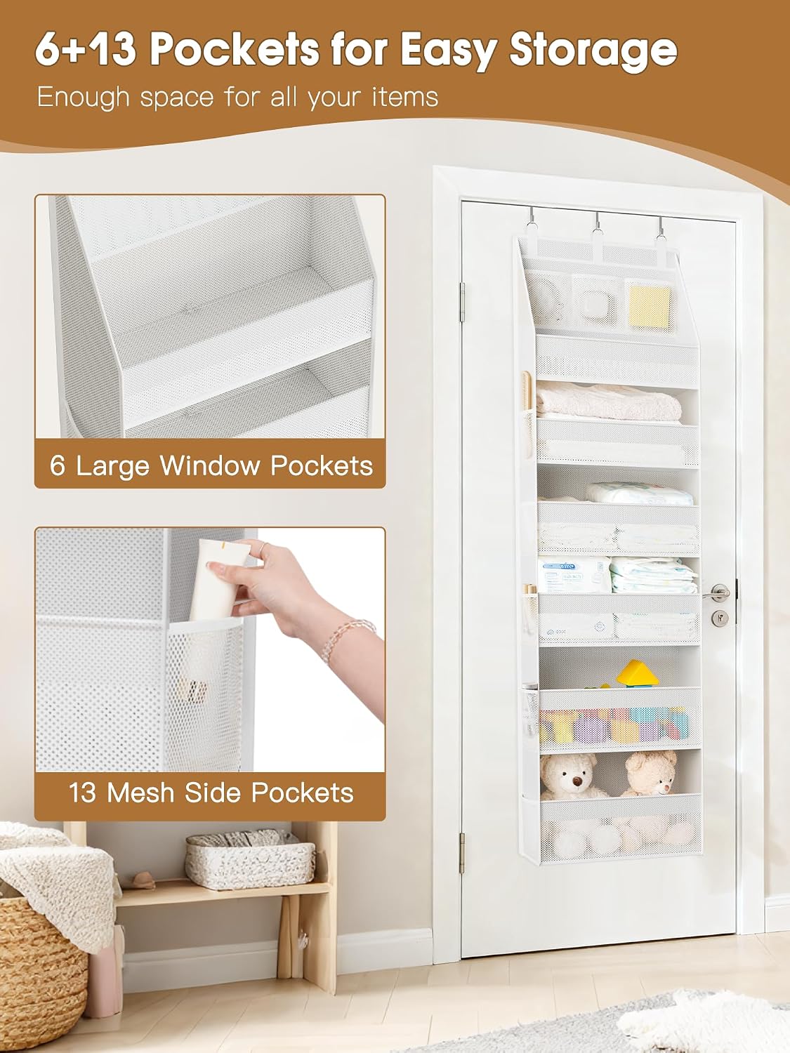 Over the Door Organizer, 6-Shelf Closet Hanging Storage with 13 Mesh Pockets, 55lbs Capacity Behind the Door Storage for Baby Nursery, Bathroom, Bedroom, and Dorm, Beige