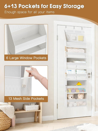 Over the Door Organizer, 6-Shelf Closet Hanging Storage with 13 Mesh Pockets, 55lbs Capacity Behind the Door Storage for Baby Nursery, Bathroom, Bedroom, and Dorm, Beige