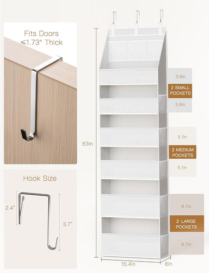 Over the Door Organizer, 6-Shelf Closet Hanging Storage with 13 Mesh Pockets, 55lbs Capacity Behind the Door Storage for Baby Nursery, Bathroom, Bedroom, and Dorm, Beige