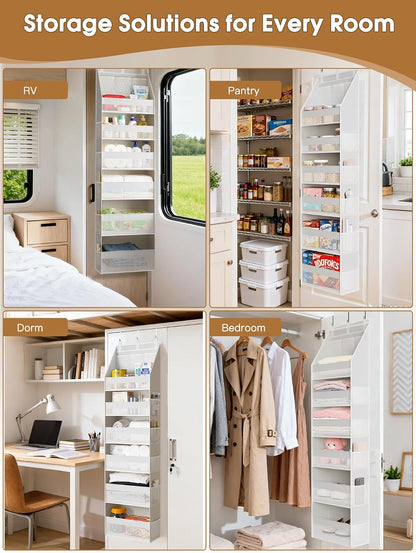 Over the Door Organizer, 6-Shelf Closet Hanging Storage with 13 Mesh Pockets, 55lbs Capacity Behind the Door Storage for Baby Nursery, Bathroom, Bedroom, and Dorm, Beige
