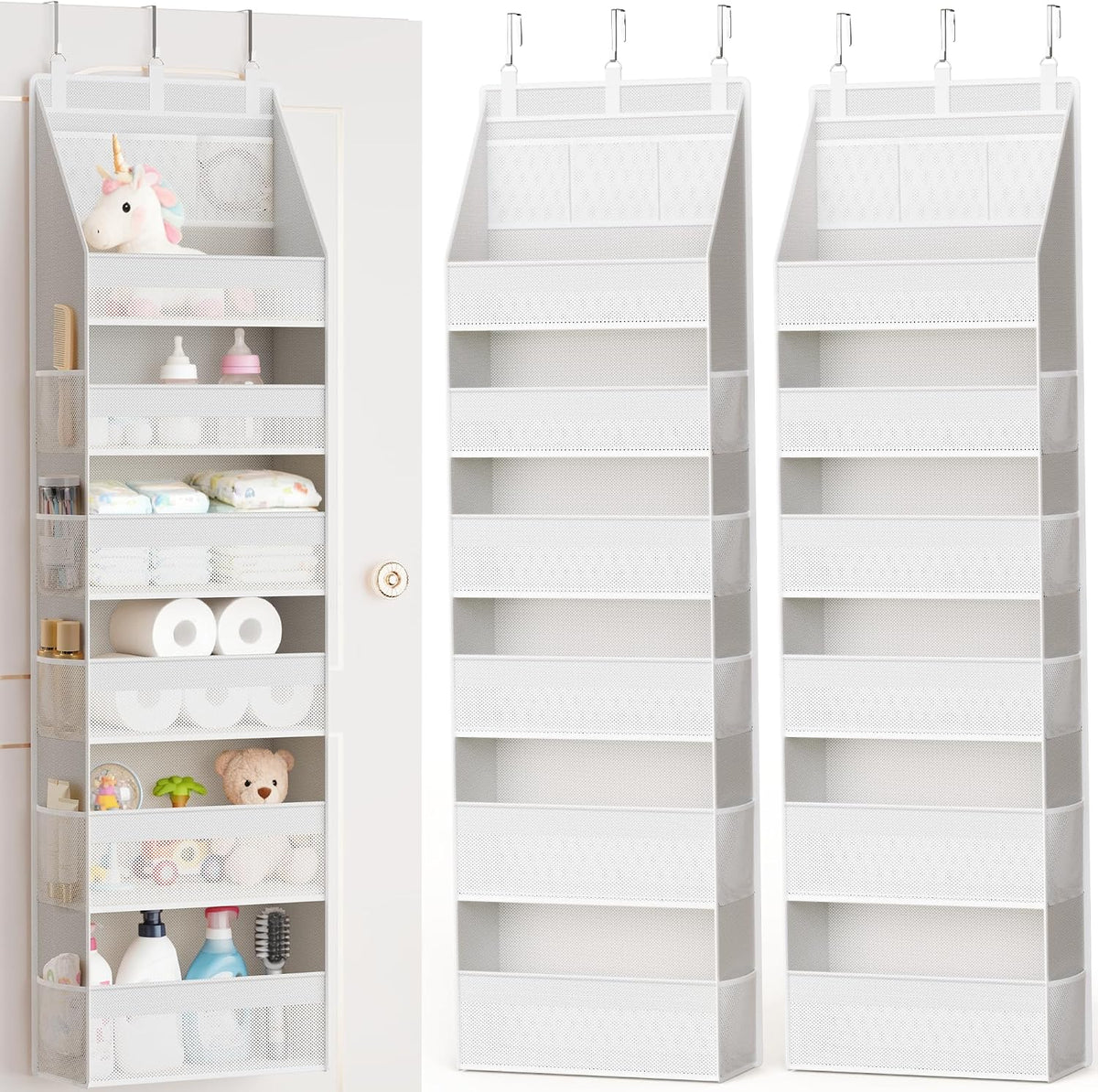 Over the Door Organizer, 6-Shelf Closet Hanging Storage with 13 Mesh Pockets, 55lbs Capacity Behind the Door Storage for Baby Nursery, Bathroom, Bedroom, and Dorm, Beige