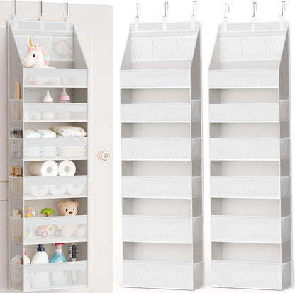 Over the Door Organizer, 6-Shelf Closet Hanging Storage with 13 Mesh Pockets, 55lbs Capacity Behind the Door Storage for Baby Nursery, Bathroom, Bedroom, and Dorm, Beige