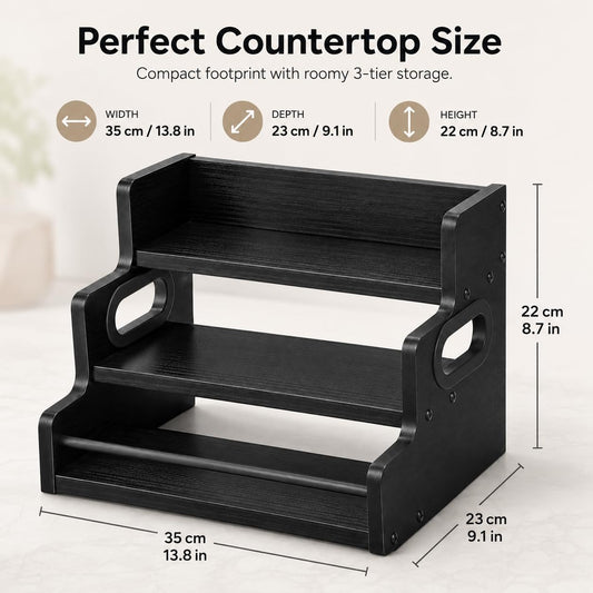 3 Tier Spice Rack Organizer for Cabinet, Wood Spice Shelf Storage, Kitchen Seasoning Organizer for Kitchen Countertop or Pantry, Spice Bottles, Bottles, Black