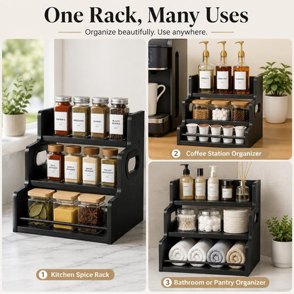 3 Tier Spice Rack Organizer for Cabinet, Wood Spice Shelf Storage, Kitchen Seasoning Organizer for Kitchen Countertop or Pantry, Spice Bottles, Bottles, Black