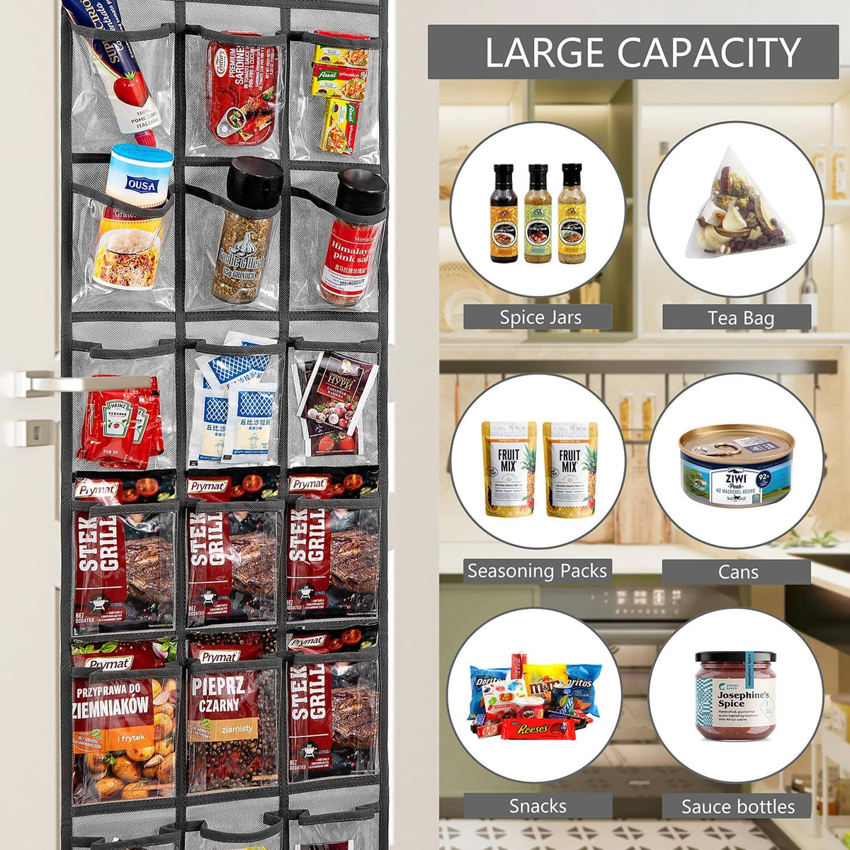2 Pack Over the Door Pantry Organizer Hanging Seasoning Packet Storage Wall Mount Spice Holder for Kitchen Snack Food Tea Bag (Grey)