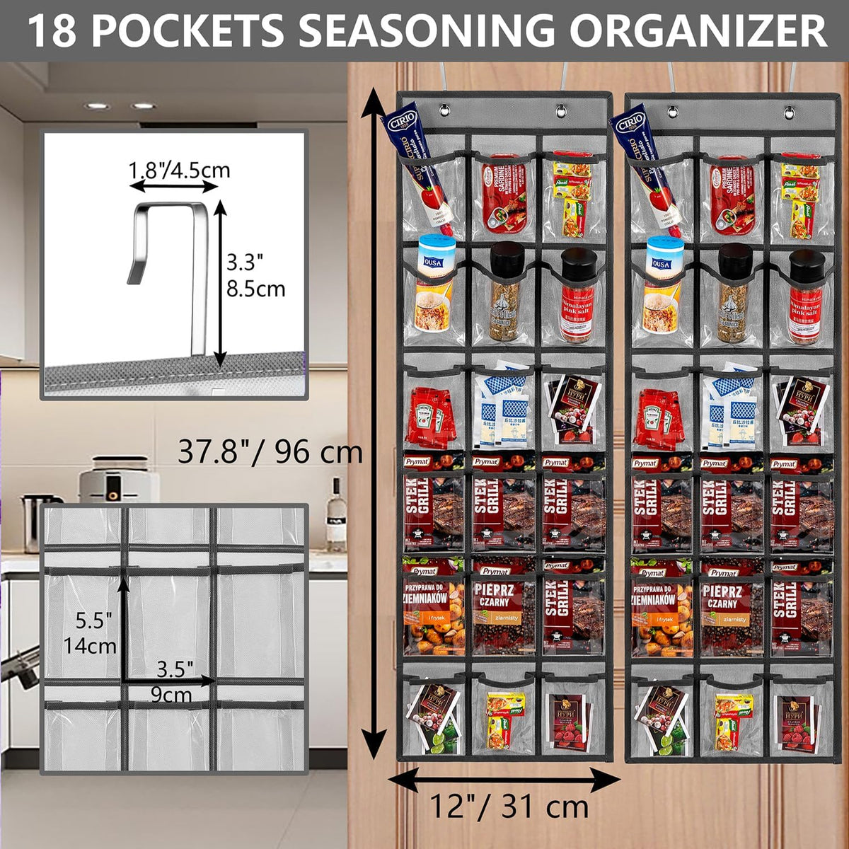 2 Pack Over the Door Pantry Organizer Hanging Seasoning Packet Storage Wall Mount Spice Holder for Kitchen Snack Food Tea Bag (Grey)