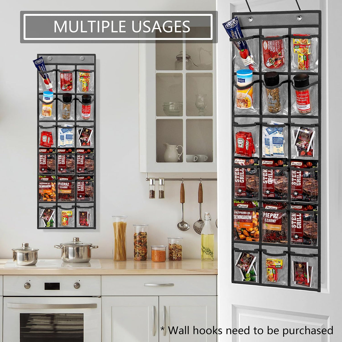 2 Pack Over the Door Pantry Organizer Hanging Seasoning Packet Storage Wall Mount Spice Holder for Kitchen Snack Food Tea Bag (Grey)