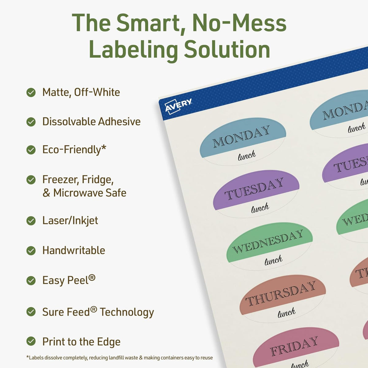 Dissolvable Oval Labels, Sure Feed Technology, 1" x 2", Matte White, Print-to-The-Edge, Laser/Inkjet Printable, 120 Labels Total
