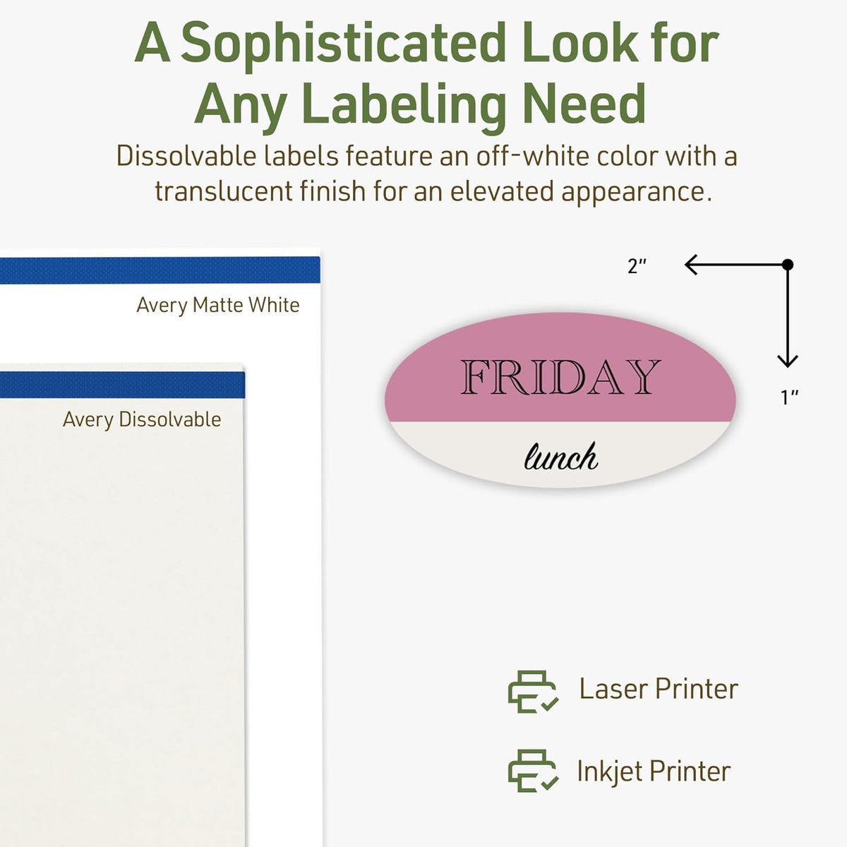 Dissolvable Oval Labels, Sure Feed Technology, 1" x 2", Matte White, Print-to-The-Edge, Laser/Inkjet Printable, 120 Labels Total