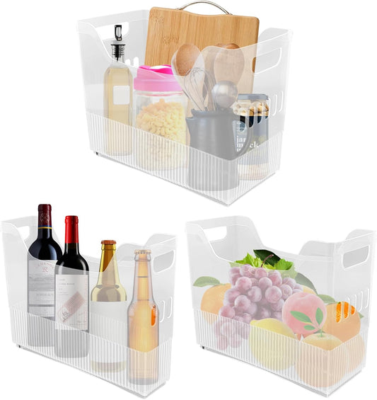 3 Pcs Freezer Organizer Bins with Wheel Clear Plastic Pantry Organizer and Storage 3 Size Tall Narrow Kitchen Organization Pantry Organizer Snack Storage Containers for Office Refrigerator