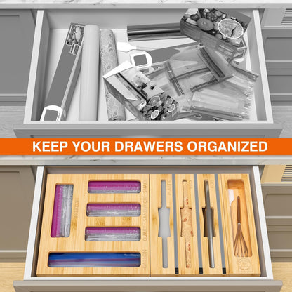 9 IN1 Bamboo Storage Bag Drawer Organizer with Cutter, Foil and Plastic Wrap Dispenser for Kitchen Storage Compatible with All Brands Gallon, Quart, Sandwich & Snack Size Bags - Black
