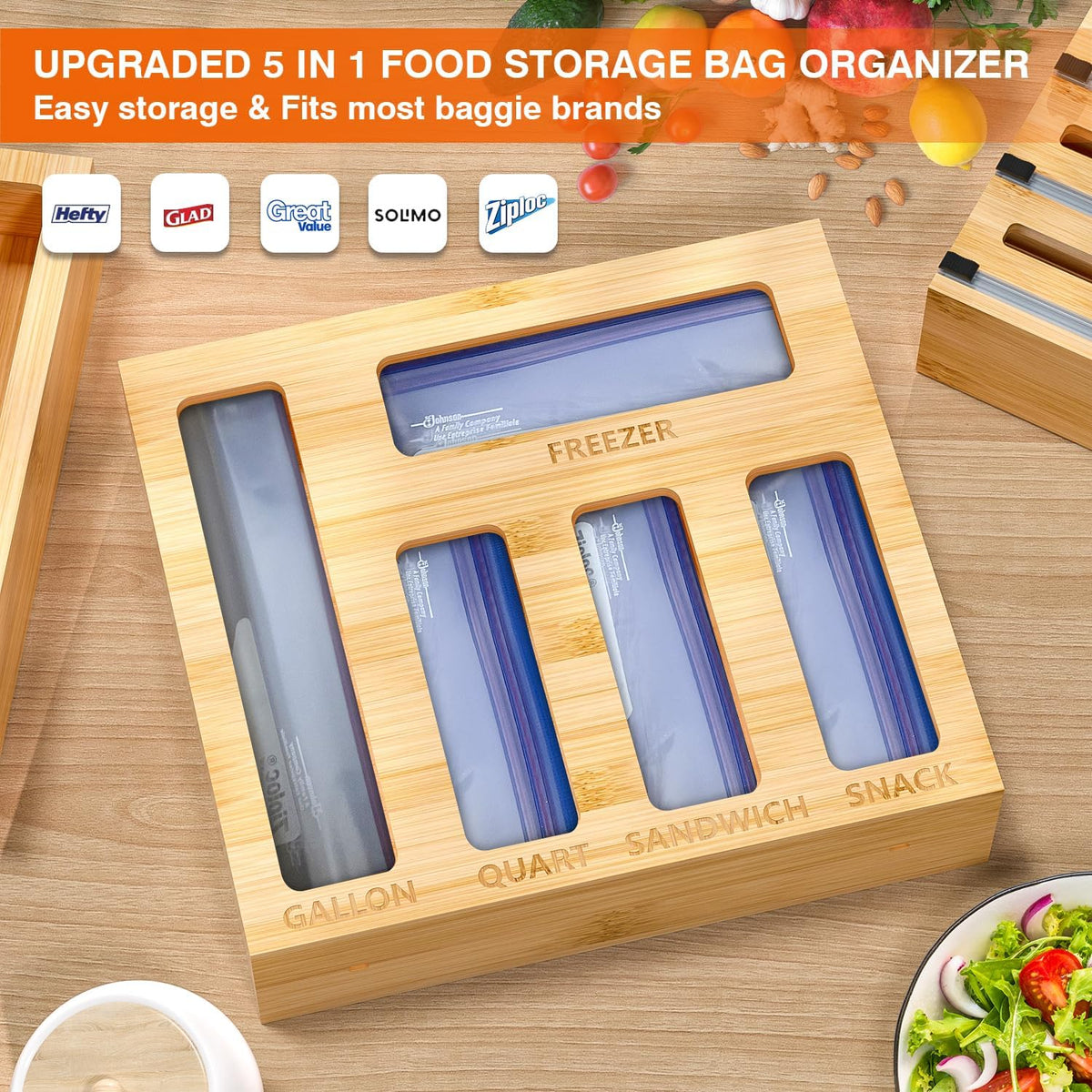9 IN1 Bamboo Storage Bag Drawer Organizer with Cutter, Foil and Plastic Wrap Dispenser for Kitchen Storage Compatible with All Brands Gallon, Quart, Sandwich & Snack Size Bags - Black