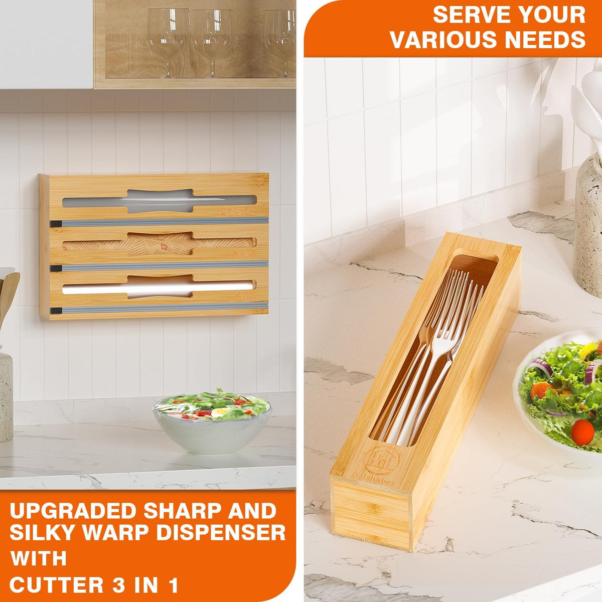 9 IN1 Bamboo Storage Bag Drawer Organizer with Cutter, Foil and Plastic Wrap Dispenser for Kitchen Storage Compatible with All Brands Gallon, Quart, Sandwich & Snack Size Bags - Black