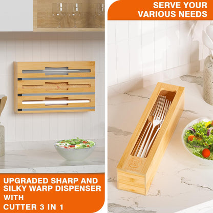 9 IN1 Bamboo Storage Bag Drawer Organizer with Cutter, Foil and Plastic Wrap Dispenser for Kitchen Storage Compatible with All Brands Gallon, Quart, Sandwich & Snack Size Bags - Black