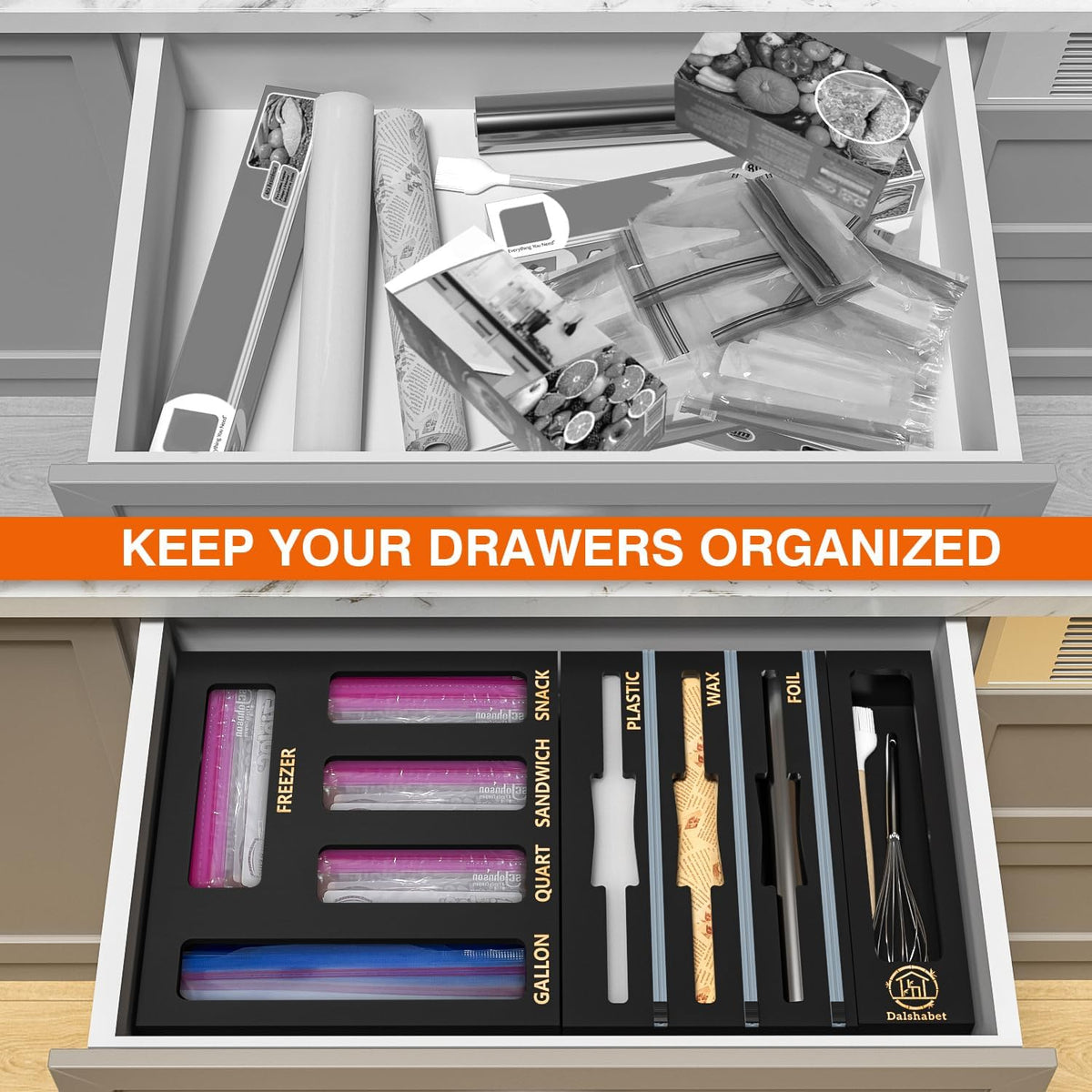 9 IN1 Bamboo Storage Bag Drawer Organizer with Cutter, Foil and Plastic Wrap Dispenser for Kitchen Storage Compatible with All Brands Gallon, Quart, Sandwich & Snack Size Bags - Black