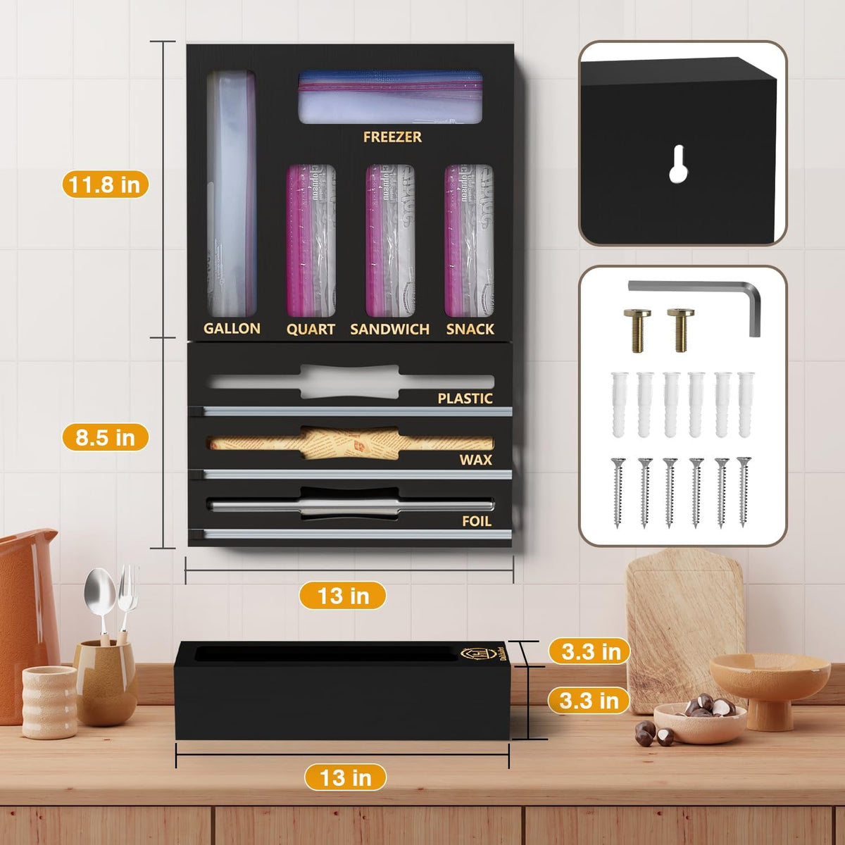 9 IN1 Bamboo Storage Bag Drawer Organizer with Cutter, Foil and Plastic Wrap Dispenser for Kitchen Storage Compatible with All Brands Gallon, Quart, Sandwich & Snack Size Bags - Black