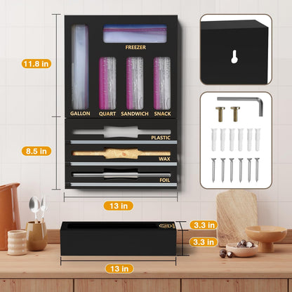 9 IN1 Bamboo Storage Bag Drawer Organizer with Cutter, Foil and Plastic Wrap Dispenser for Kitchen Storage Compatible with All Brands Gallon, Quart, Sandwich & Snack Size Bags - Black