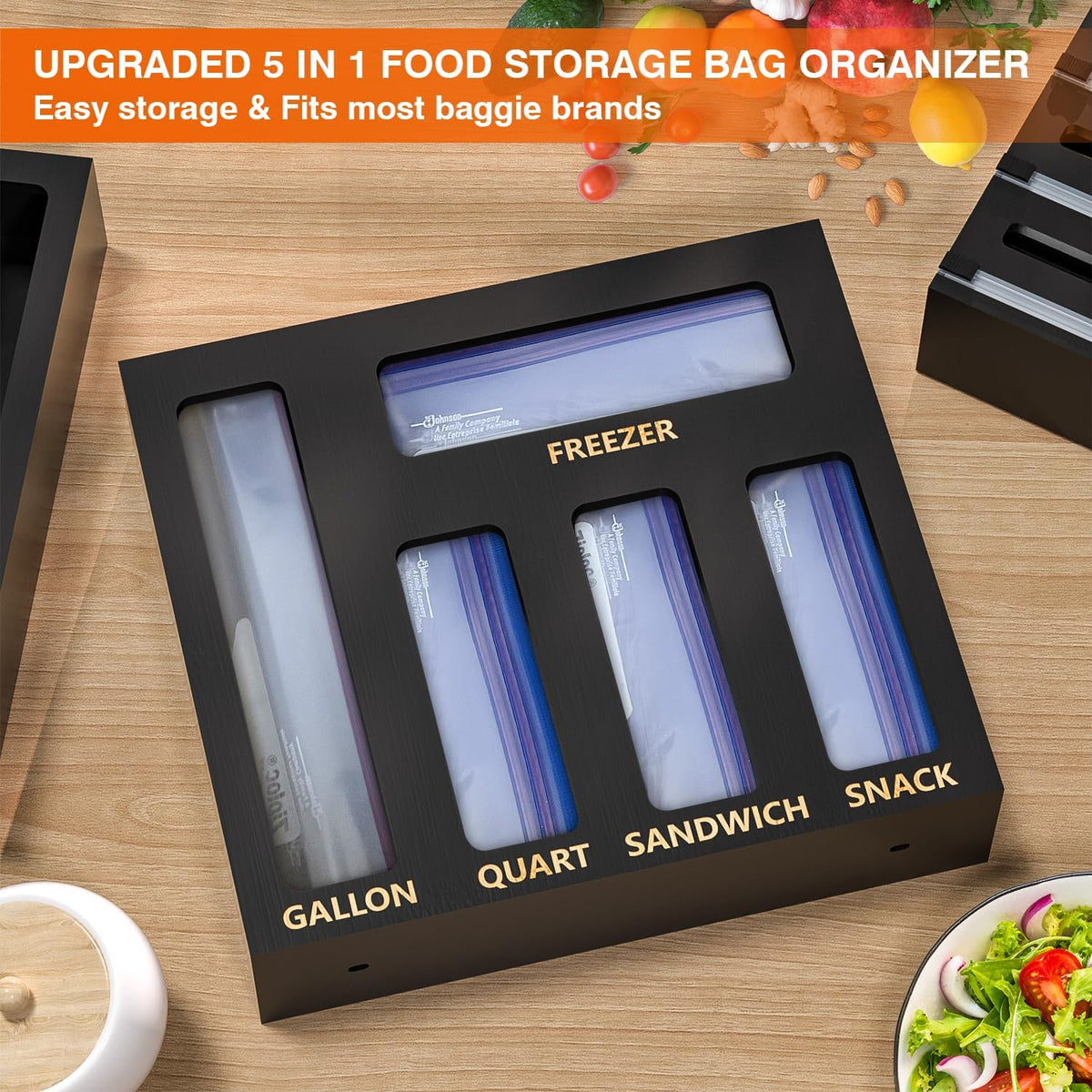 9 IN1 Bamboo Storage Bag Drawer Organizer with Cutter, Foil and Plastic Wrap Dispenser for Kitchen Storage Compatible with All Brands Gallon, Quart, Sandwich & Snack Size Bags - Black