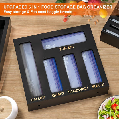 9 IN1 Bamboo Storage Bag Drawer Organizer with Cutter, Foil and Plastic Wrap Dispenser for Kitchen Storage Compatible with All Brands Gallon, Quart, Sandwich & Snack Size Bags - Black