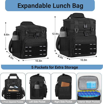 Tactical Expandable Lunch Box Men 2 Layer Cooler Bag 20 Cans Black