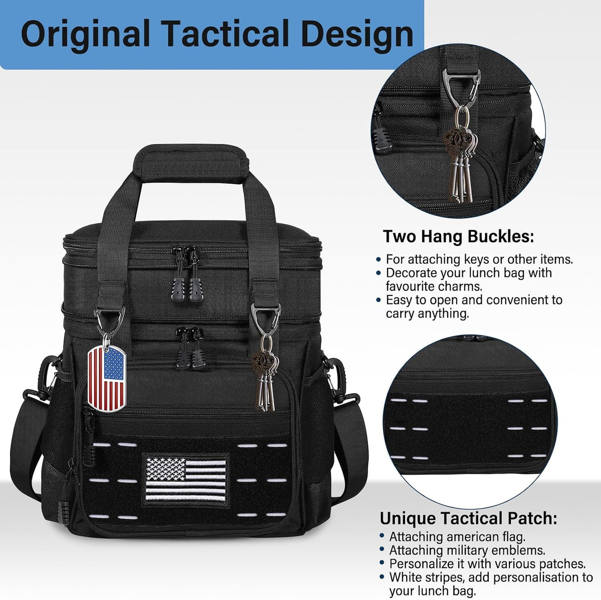 Tactical Expandable Lunch Box Men 2 Layer Cooler Bag 20 Cans Black