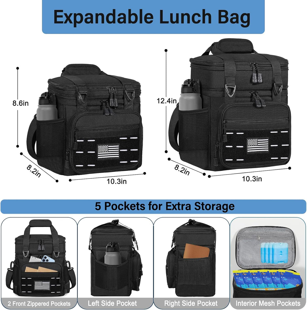 Tactical Expandable Lunch Box Men 2 Layer Cooler Bag 20 Cans Black