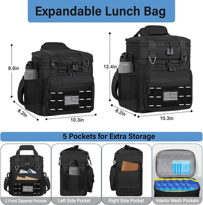 Tactical Expandable Lunch Box Men 2 Layer Cooler Bag 20 Cans Black