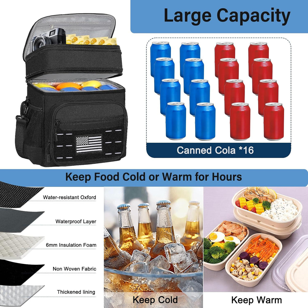 Tactical Expandable Lunch Box Men 2 Layer Cooler Bag 20 Cans Black