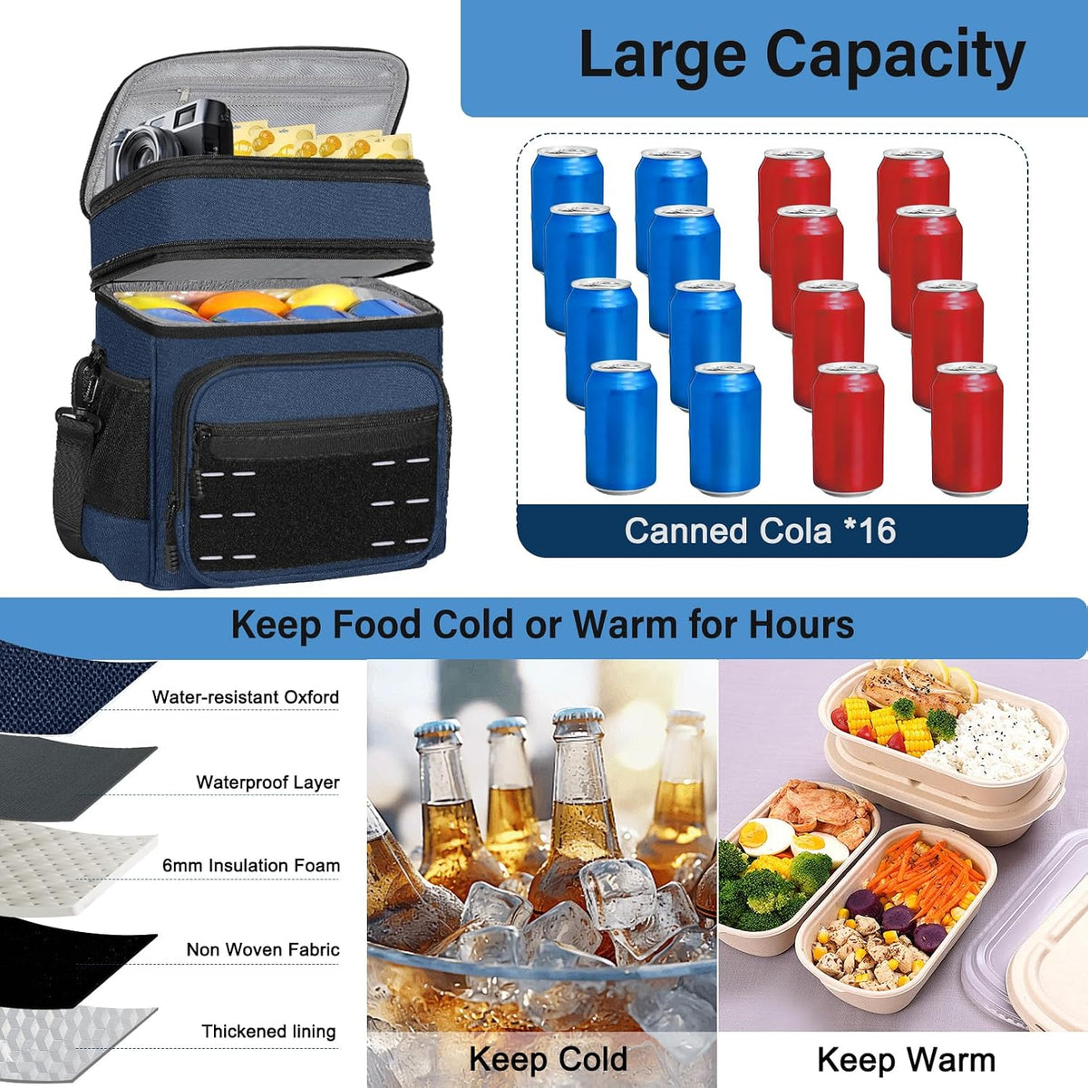 Tactical Expandable Lunch Box Men 2 Layer Cooler Bag 20 Cans Black