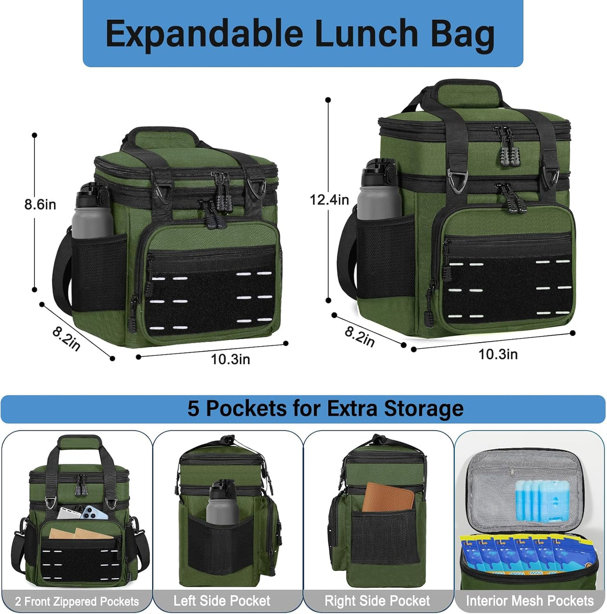 Tactical Expandable Lunch Box Men 2 Layer Cooler Bag 20 Cans Black