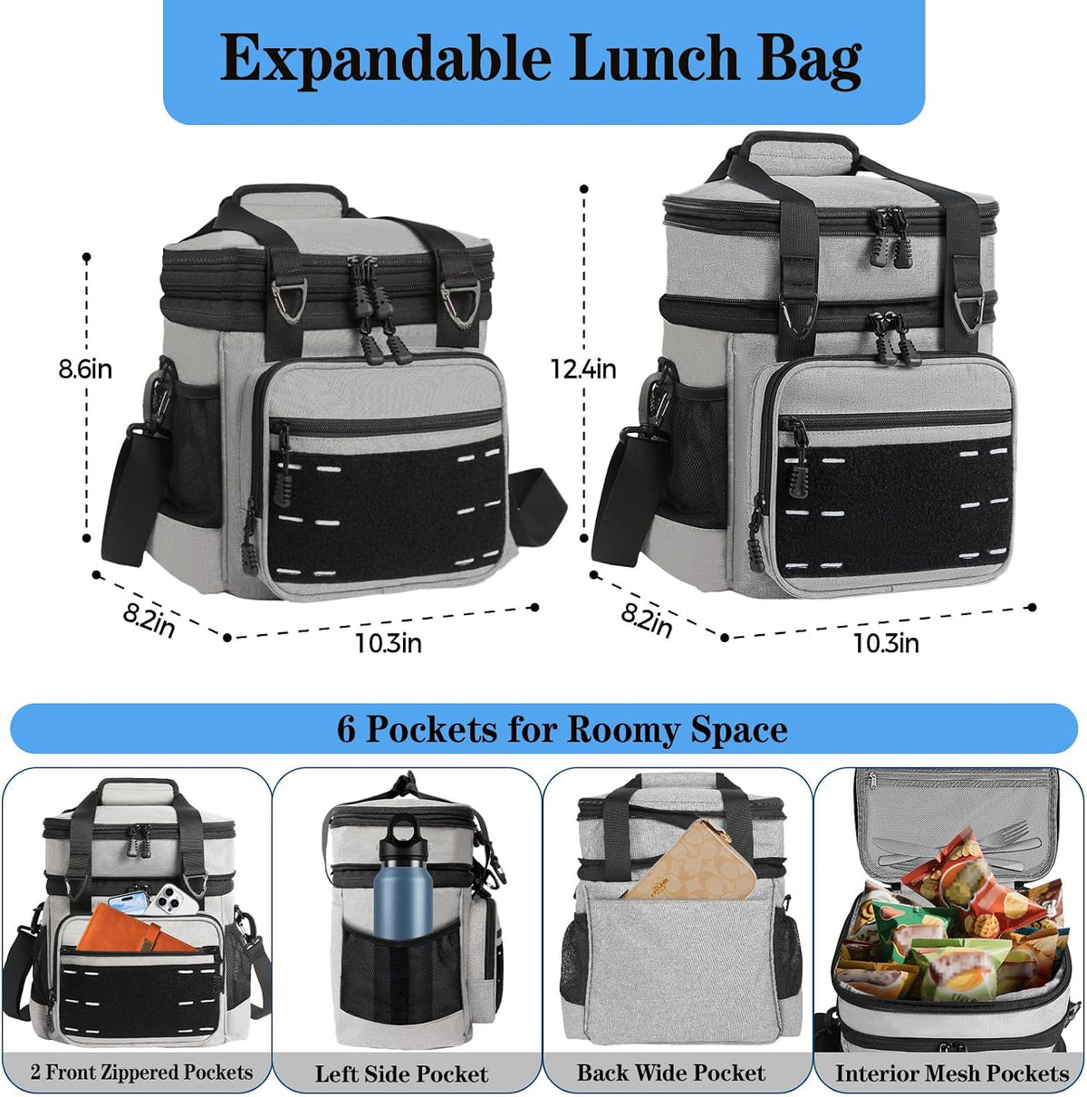 Tactical Expandable Lunch Box Men 2 Layer Cooler Bag 20 Cans Black
