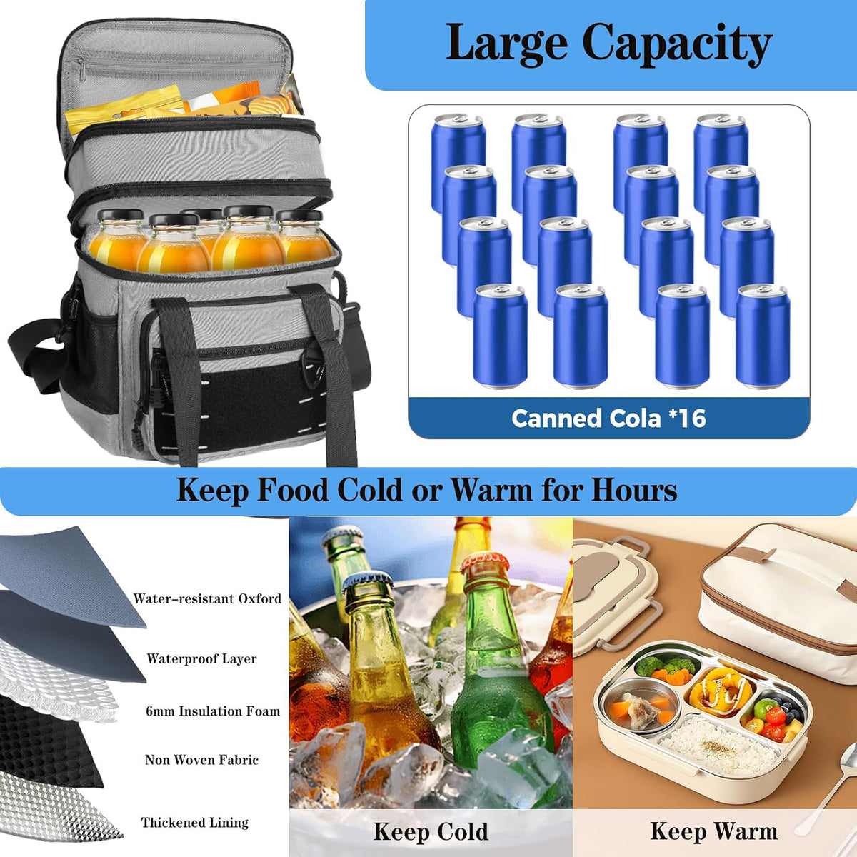 Tactical Expandable Lunch Box Men 2 Layer Cooler Bag 20 Cans Black