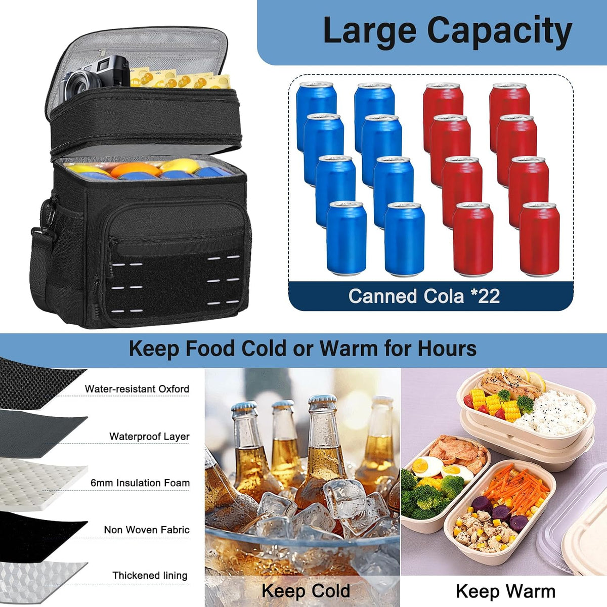 Tactical Expandable Lunch Box Men 2 Layer Cooler Bag 20 Cans Black