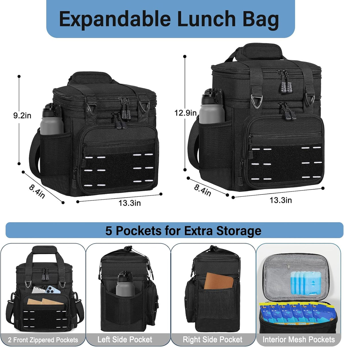 Tactical Expandable Lunch Box Men 2 Layer Cooler Bag 20 Cans Black
