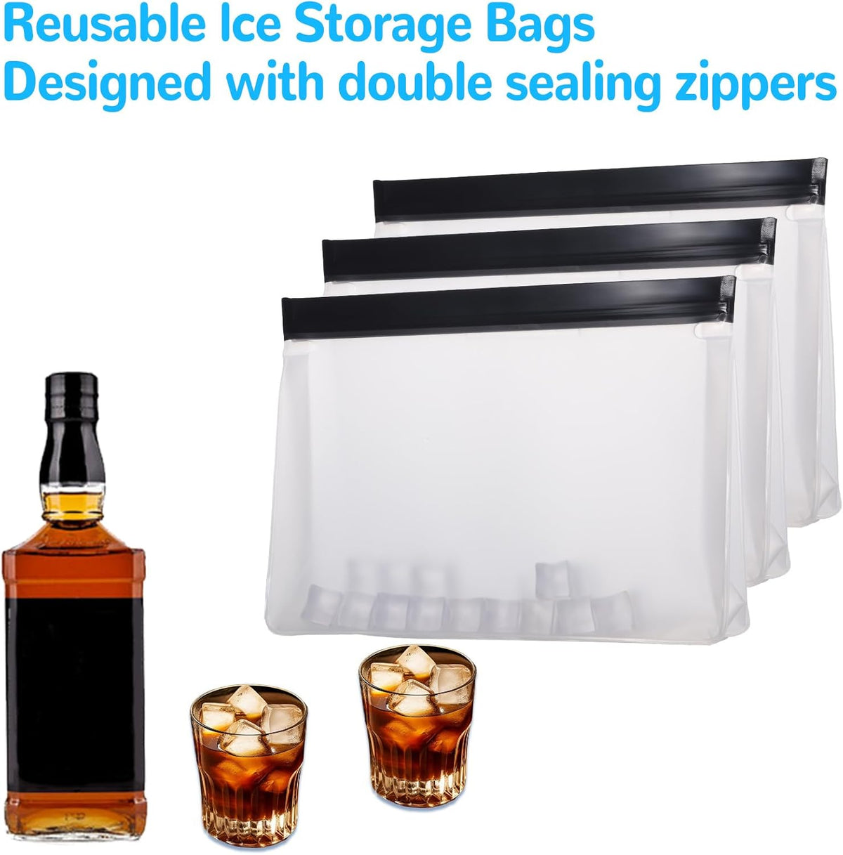 4 pcs Clear Leak Proof Freezer Bag Reusable Ice Storage Bags Durable Ice Cube Storage Bags Freezer Holder Container with Secure Zip Seal Close for Travel Food Whiskey Bourbon Cocktails
