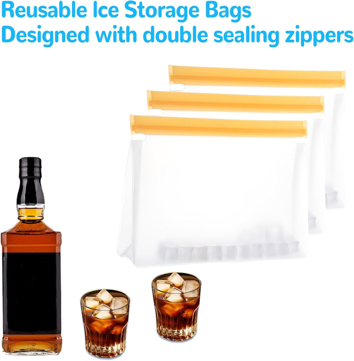 4 pcs Clear Leak Proof Freezer Bag Reusable Ice Storage Bags Durable Ice Cube Storage Bags Freezer Holder Container with Secure Zip Seal Close for Travel Food Whiskey Bourbon Cocktails