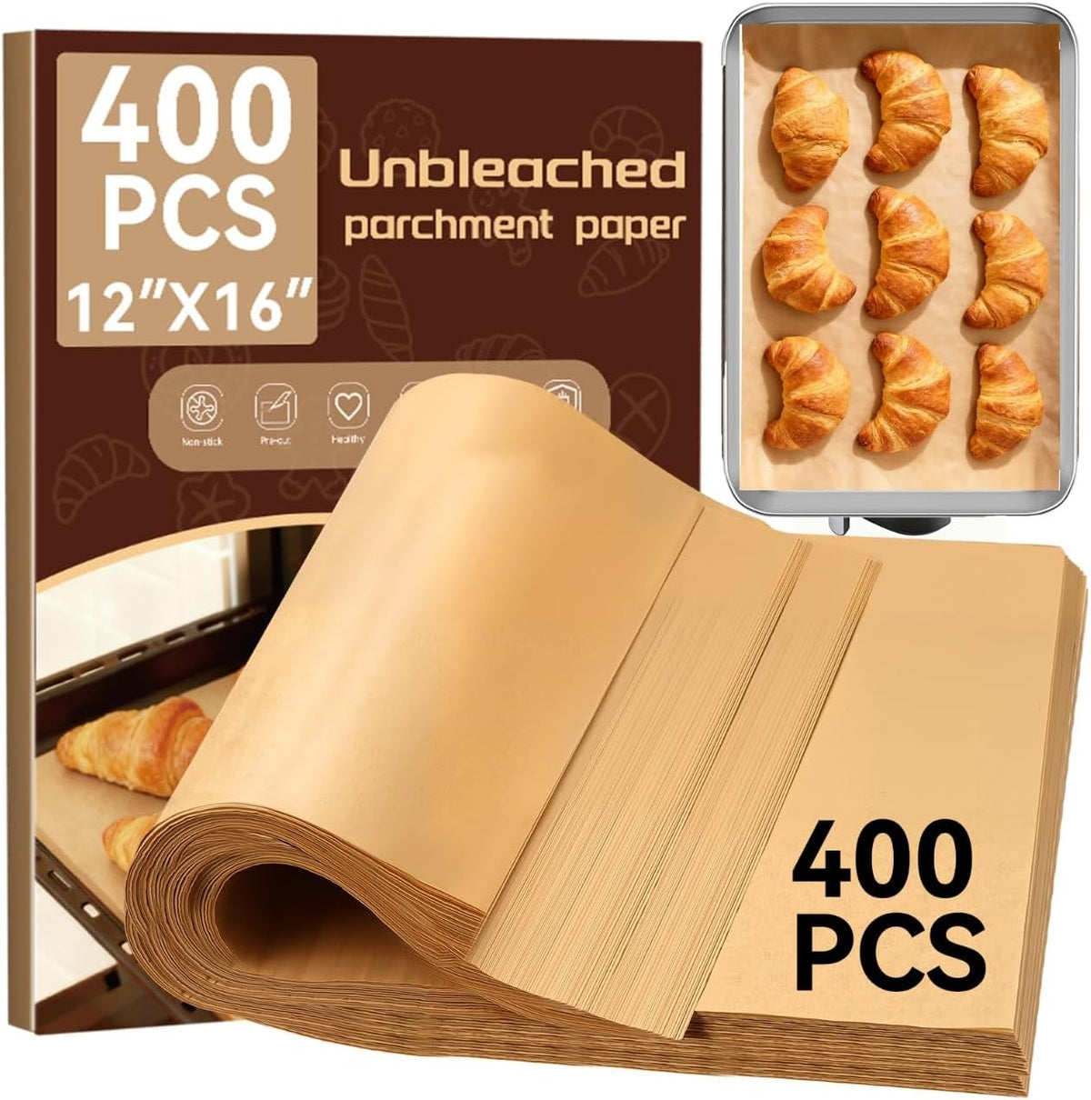 400PCS Parchment Paper Baking Sheets, 12"x16" Unbleached Precut Half Parchment Paper for Baking, Non-Stick Baking Paper for Baking, Grillin, Steaming Bread Cookies, Oven, Air Fryer, Microwave