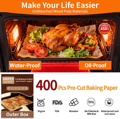 400PCS Parchment Paper Baking Sheets, 12"x16" Unbleached Precut Half Parchment Paper for Baking, Non-Stick Baking Paper for Baking, Grillin, Steaming Bread Cookies, Oven, Air Fryer, Microwave