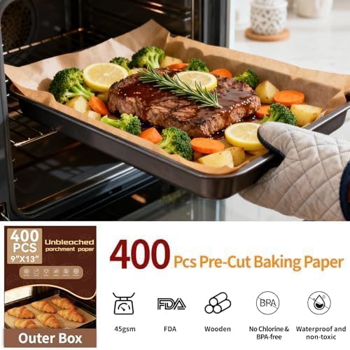400PCS Parchment Paper Baking Sheets, 12"x16" Unbleached Precut Half Parchment Paper for Baking, Non-Stick Baking Paper for Baking, Grillin, Steaming Bread Cookies, Oven, Air Fryer, Microwave