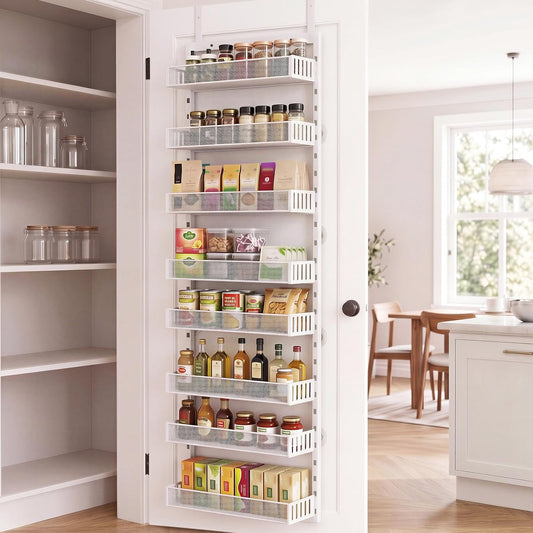 Over the Door Pantry Organizer, 8-Tier Heavy-Duty Door Spice Rack with Mesh Baskets, Height Adjustable & Anti-Swing Design, Pantry Door Organizers and Storage for Kitchen, Bathroom