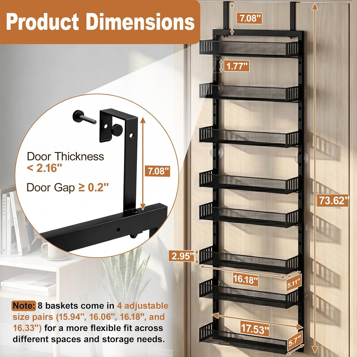 Over the Door Pantry Organizer, 8-Tier Heavy-Duty Door Spice Rack with Mesh Baskets, Height Adjustable & Anti-Swing Design, Pantry Door Organizers and Storage for Kitchen, Bathroom