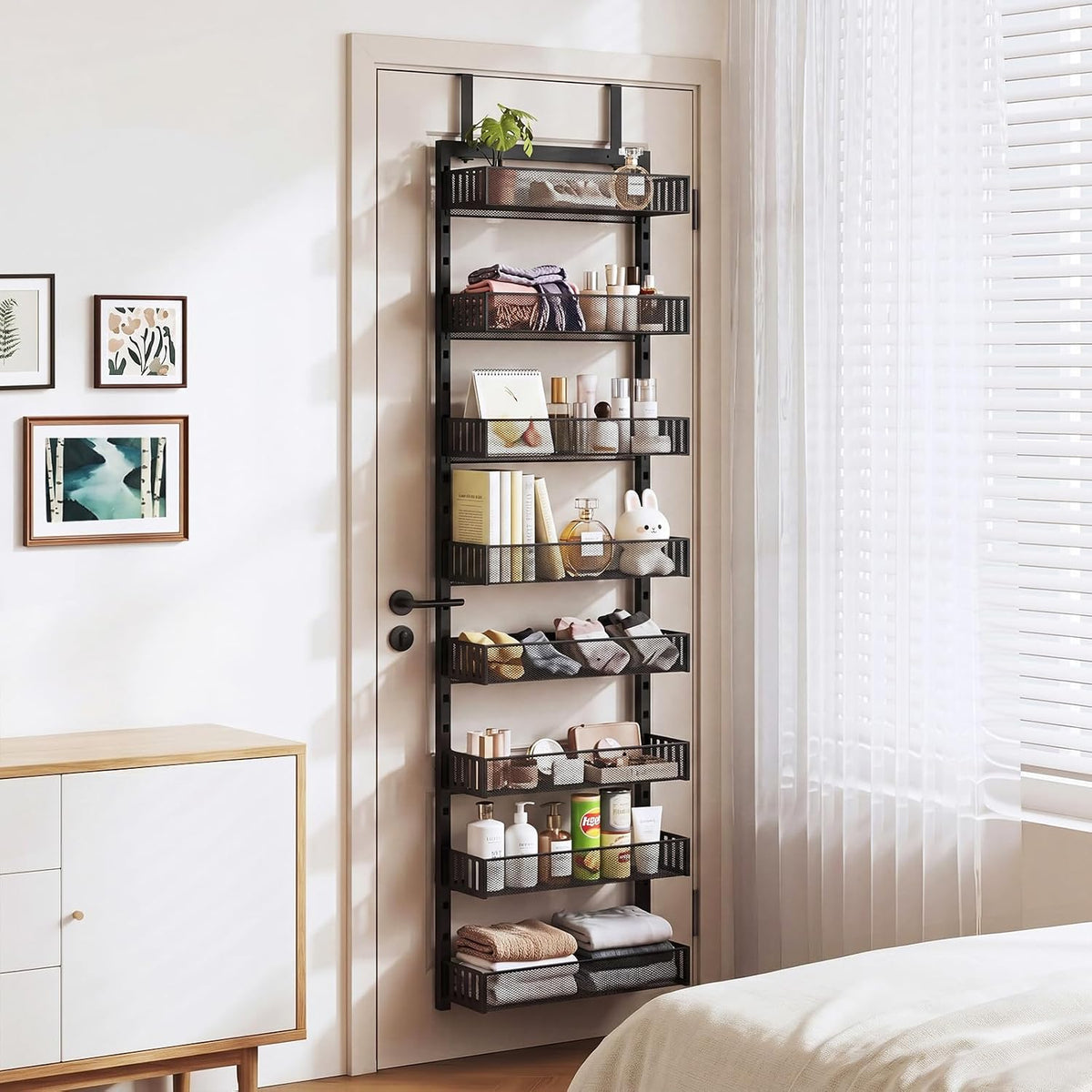 Over the Door Pantry Organizer, 8-Tier Heavy-Duty Door Spice Rack with Mesh Baskets, Height Adjustable & Anti-Swing Design, Pantry Door Organizers and Storage for Kitchen, Bathroom