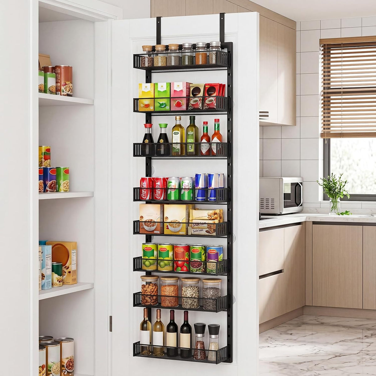 Over the Door Pantry Organizer, 8-Tier Heavy-Duty Door Spice Rack with Mesh Baskets, Height Adjustable & Anti-Swing Design, Pantry Door Organizers and Storage for Kitchen, Bathroom