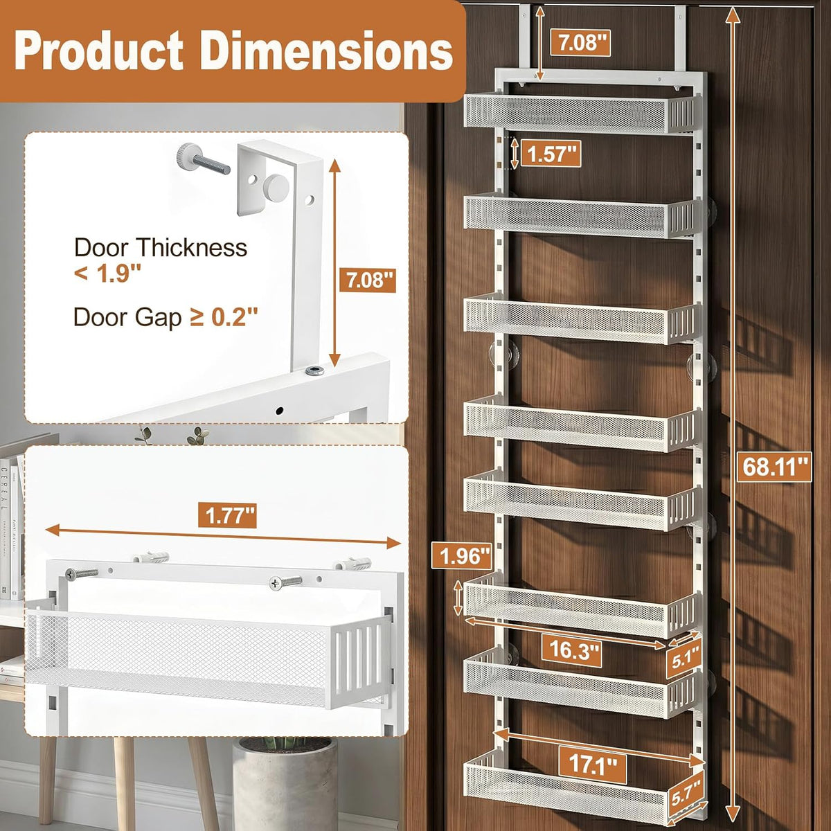 Over the Door Pantry Organizer, 8-Tier Heavy-Duty Door Spice Rack with Mesh Baskets, Height Adjustable & Anti-Swing Design, Pantry Door Organizers and Storage for Kitchen, Bathroom