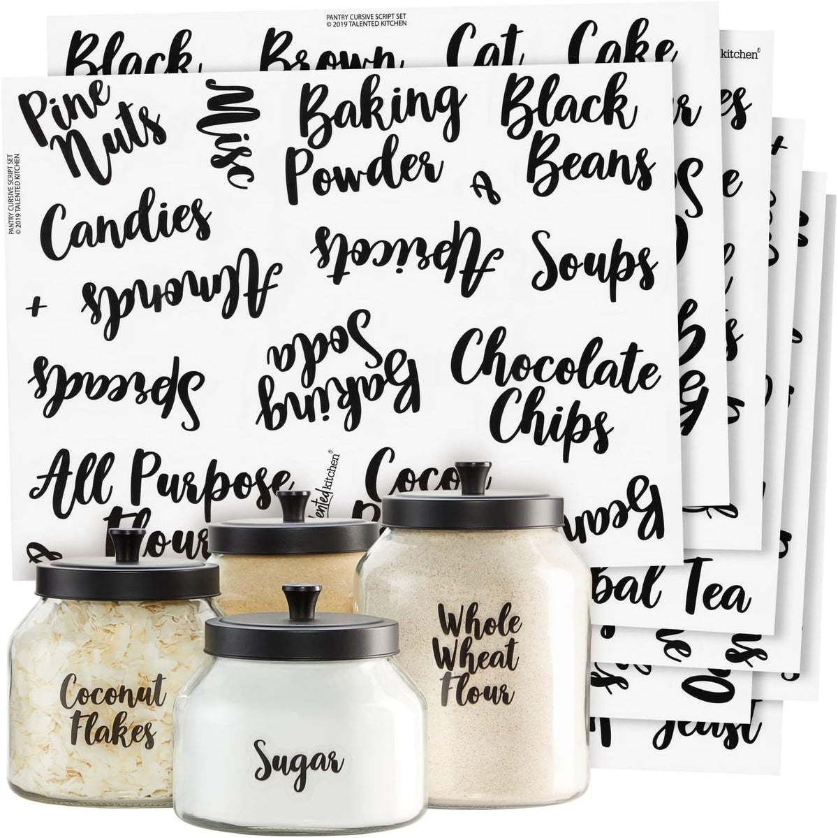 Labels for Food Containers - 135 Count, Preprinted Black Cursive on Clear Backing, Water-Resistant - Pantry & Kitchen Storage Labels for Jars & Bins - Easy Peel & Stick