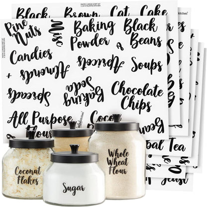 Labels for Food Containers - 135 Count, Preprinted Black Cursive on Clear Backing, Water-Resistant - Pantry & Kitchen Storage Labels for Jars & Bins - Easy Peel & Stick