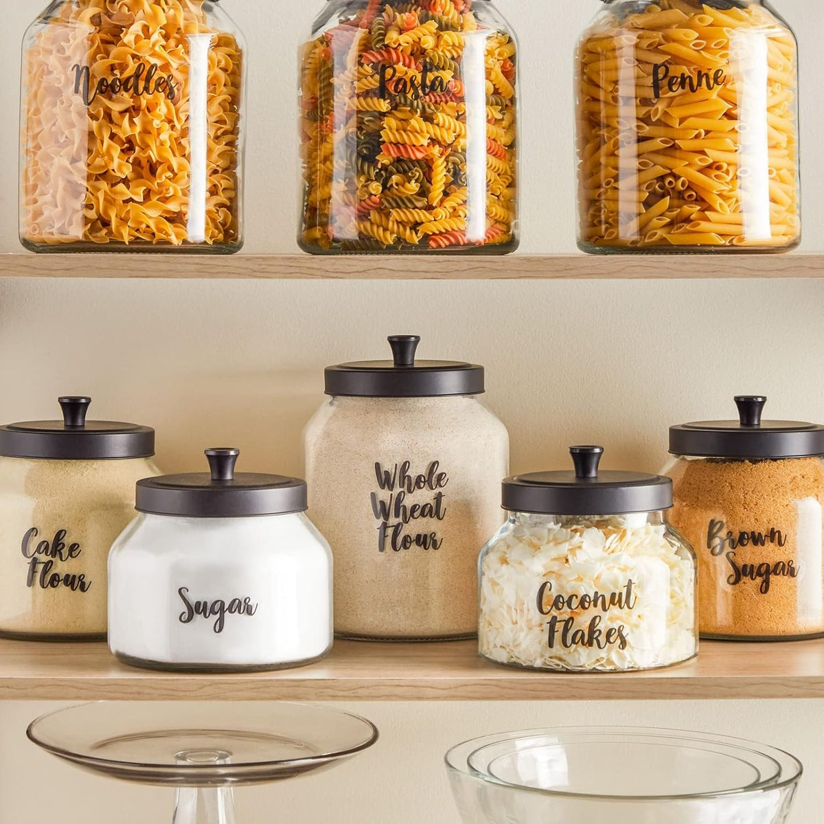 Labels for Food Containers - 135 Count, Preprinted Black Cursive on Clear Backing, Water-Resistant - Pantry & Kitchen Storage Labels for Jars & Bins - Easy Peel & Stick