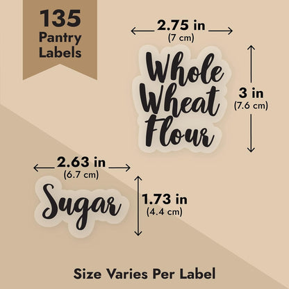 Labels for Food Containers - 135 Count, Preprinted Black Cursive on Clear Backing, Water-Resistant - Pantry & Kitchen Storage Labels for Jars & Bins - Easy Peel & Stick
